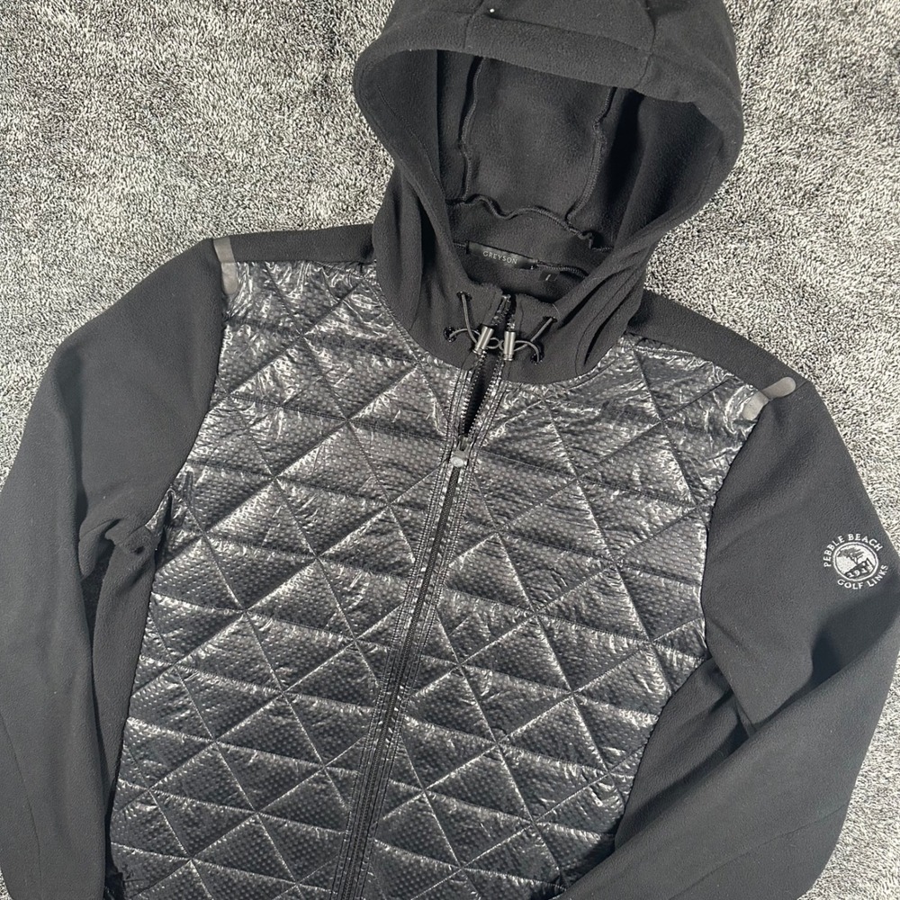 Greyson Yukon Jacket Mens L Hybrid Quilted Fleece Hoodie Black Pebble Beach Golf